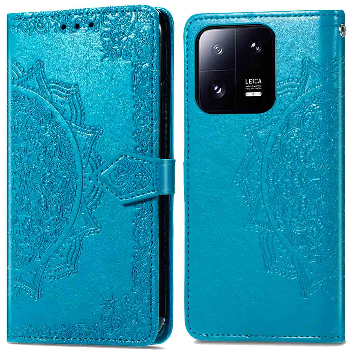 Étui de téléphone turquoise avec motif mandala, ouvert pour montrer le téléphone. Cuir avec bouton.