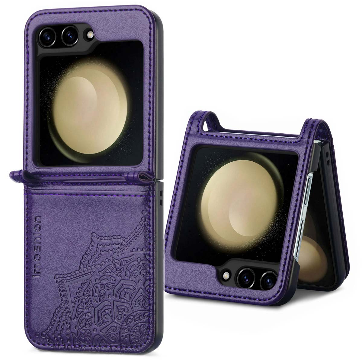 Coque de téléphone violette. L'étui est ouvert, montrant le téléphone. Motif mandala. Deux étuis visibles.