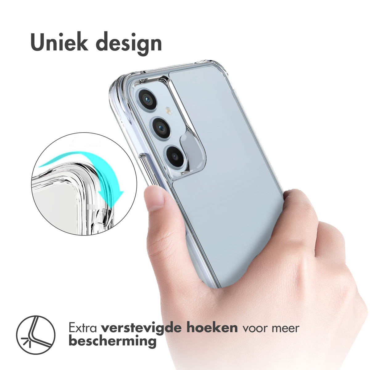 Transparante telefoonhoes, telefoon in de hand. Close-up van versterkte hoek.