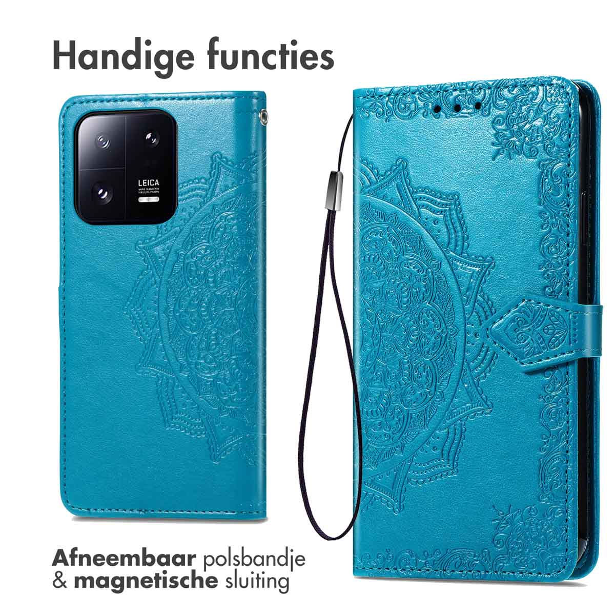 Étui de téléphone turquoise avec motif en relief. Avec dragonne et fermeture magnétique.