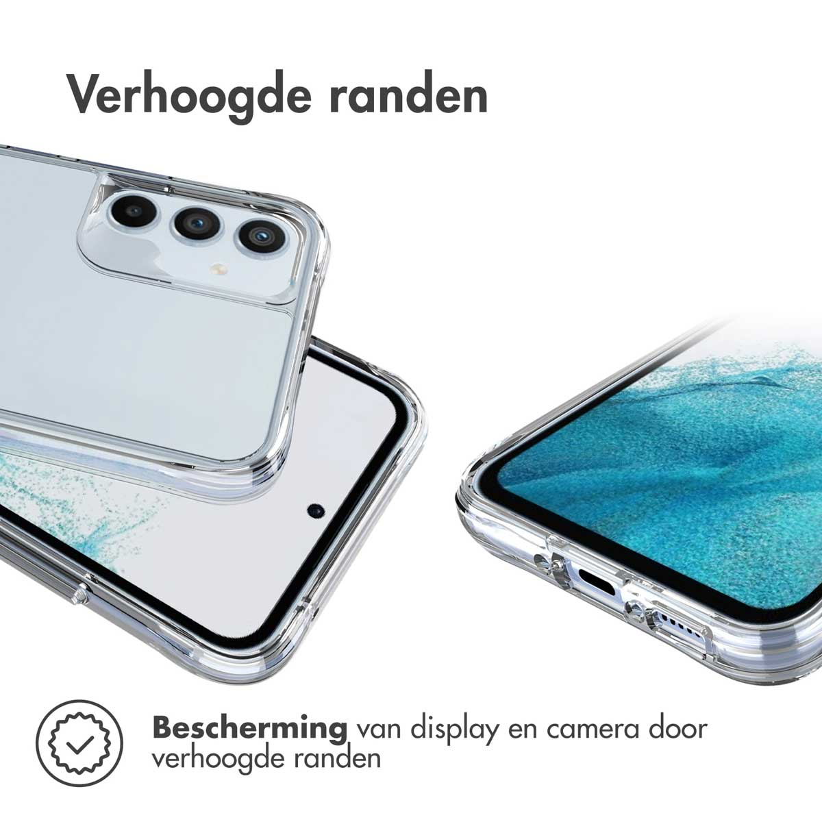 Transparante telefoonhoes met verhoogde randen. Telefoon erin, toont het ontwerp.