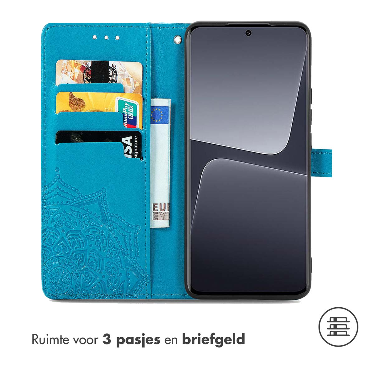Étui de téléphone bleu avec cartes et téléphone.