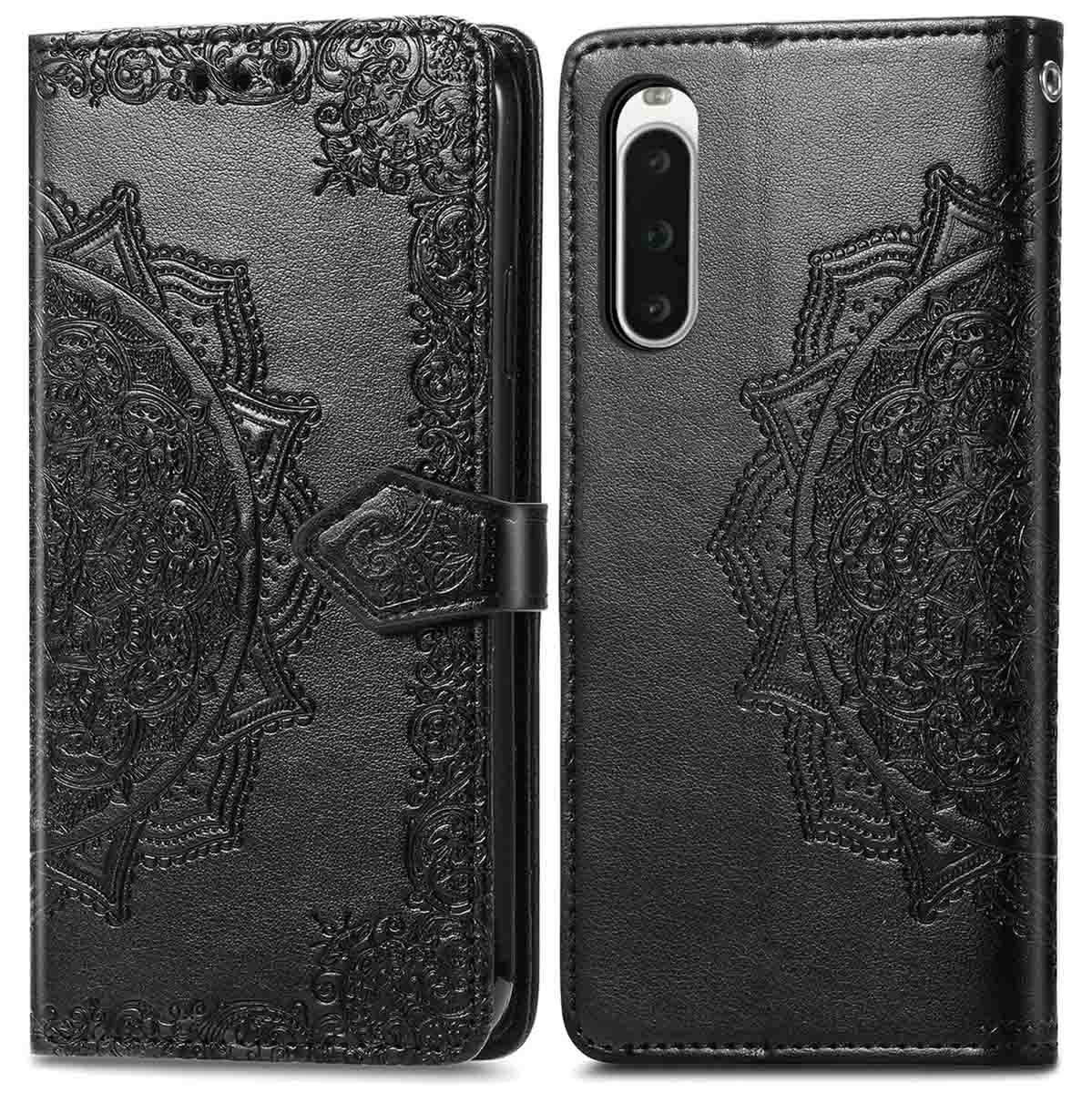 Étui de téléphone noir avec motif en relief, ouvert. Affiche cartes et argent.