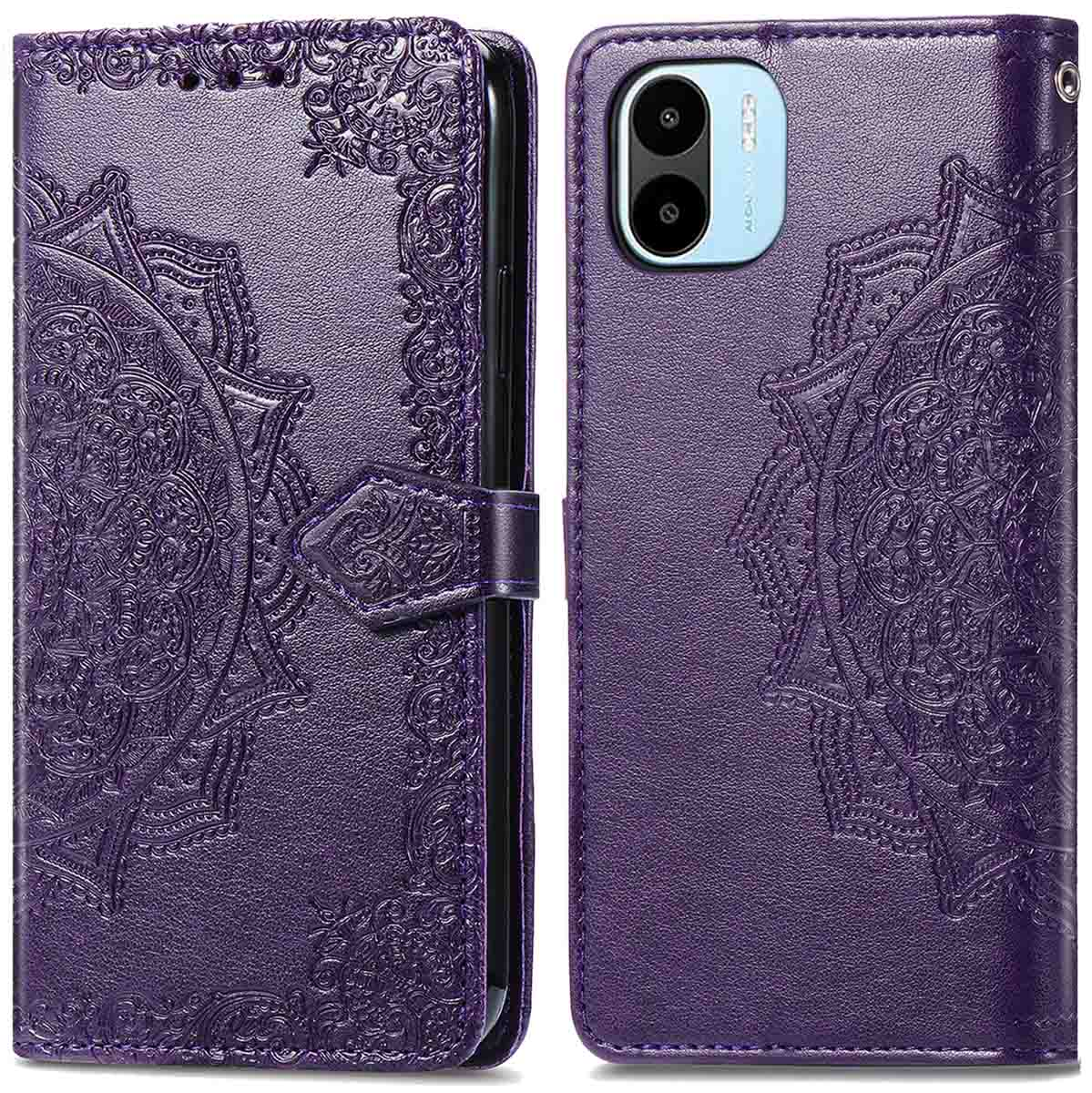 Paarse telefoonhoes met een decoratief patroon. Telefoon staat rechts.
