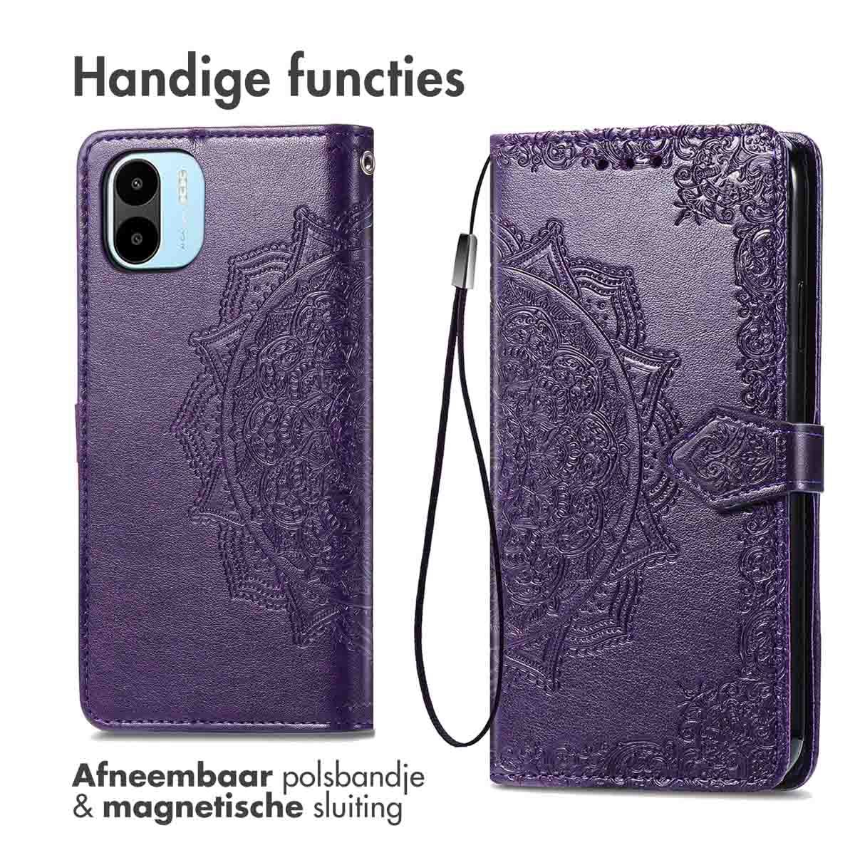 Paarse telefoonhoes met mandala-ontwerp. Kenmerken zijn een afneembare polsband en magnetische sluiting.