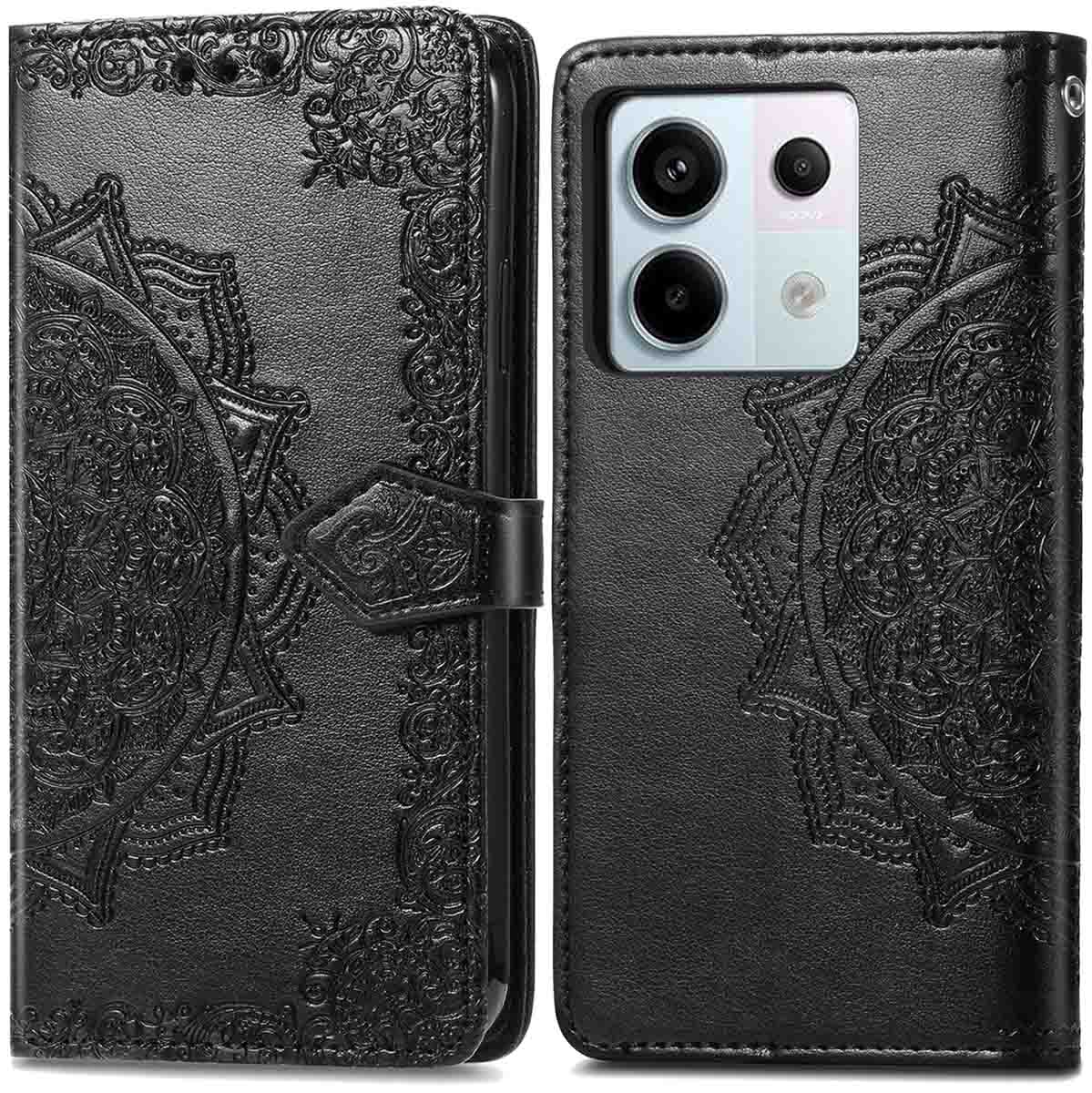 Zwarte telefoonhoes met mandala-ontwerp, open om telefoon te tonen. Leder met knoopsluiting.