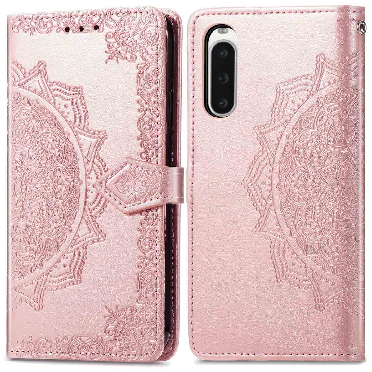 Roze telefoonhoesje met mandala-ontwerp, open.