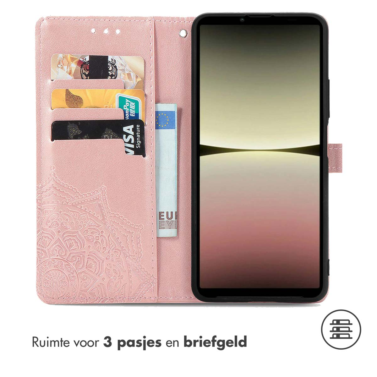 Roze telefoonhoes met mandala-ontwerp. De hoes heeft kaartsleuven en een magnetische sluiting. Telefoon zichtbaar.
