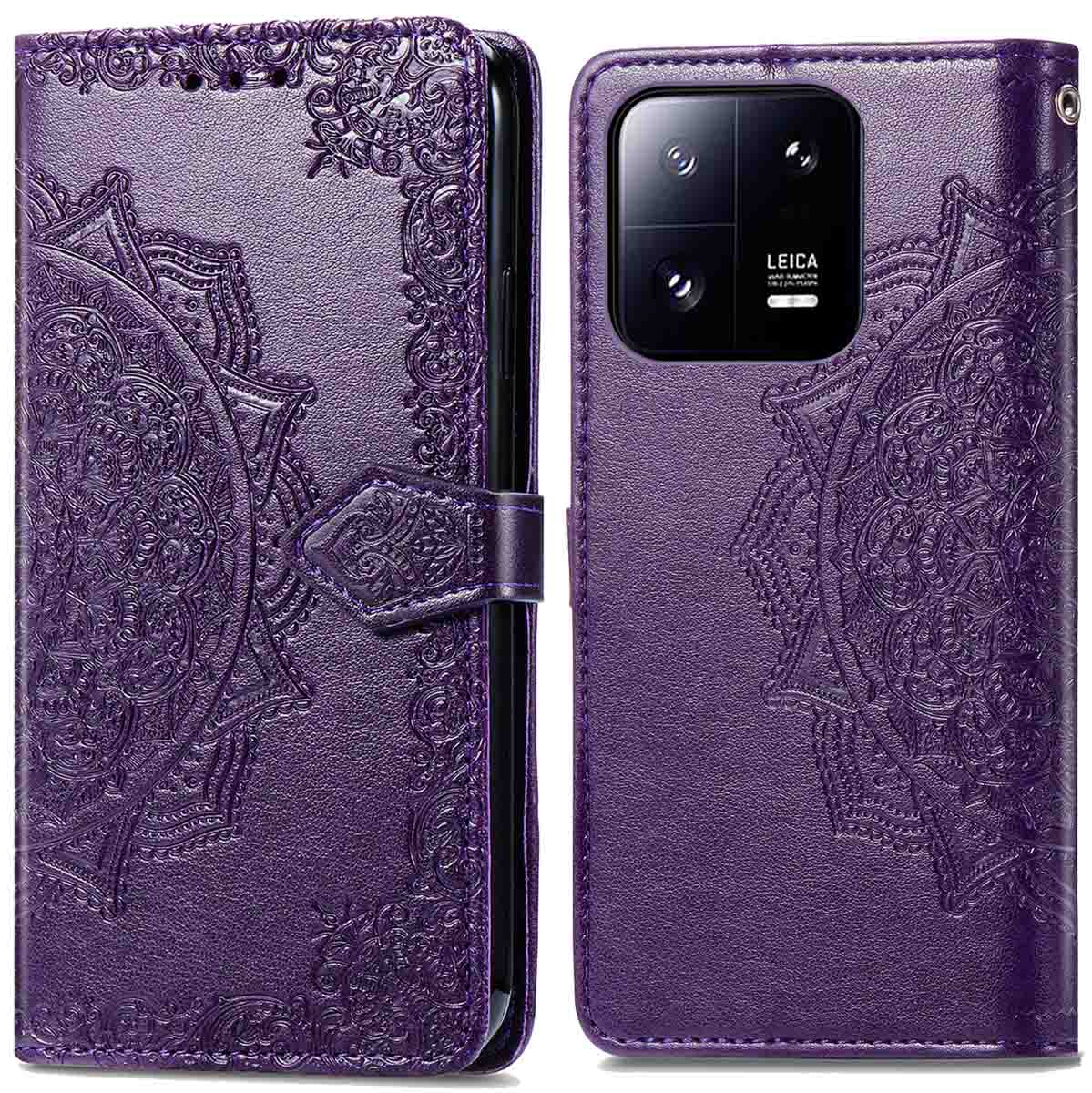 Étui de téléphone violet avec motif mandala, fermeture magnétique et découpe pour téléphone.