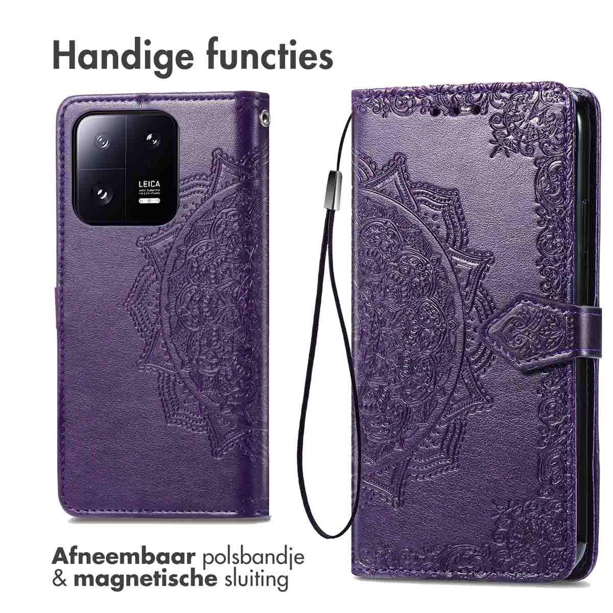 Étui de téléphone violet avec motif mandala, ouvert.