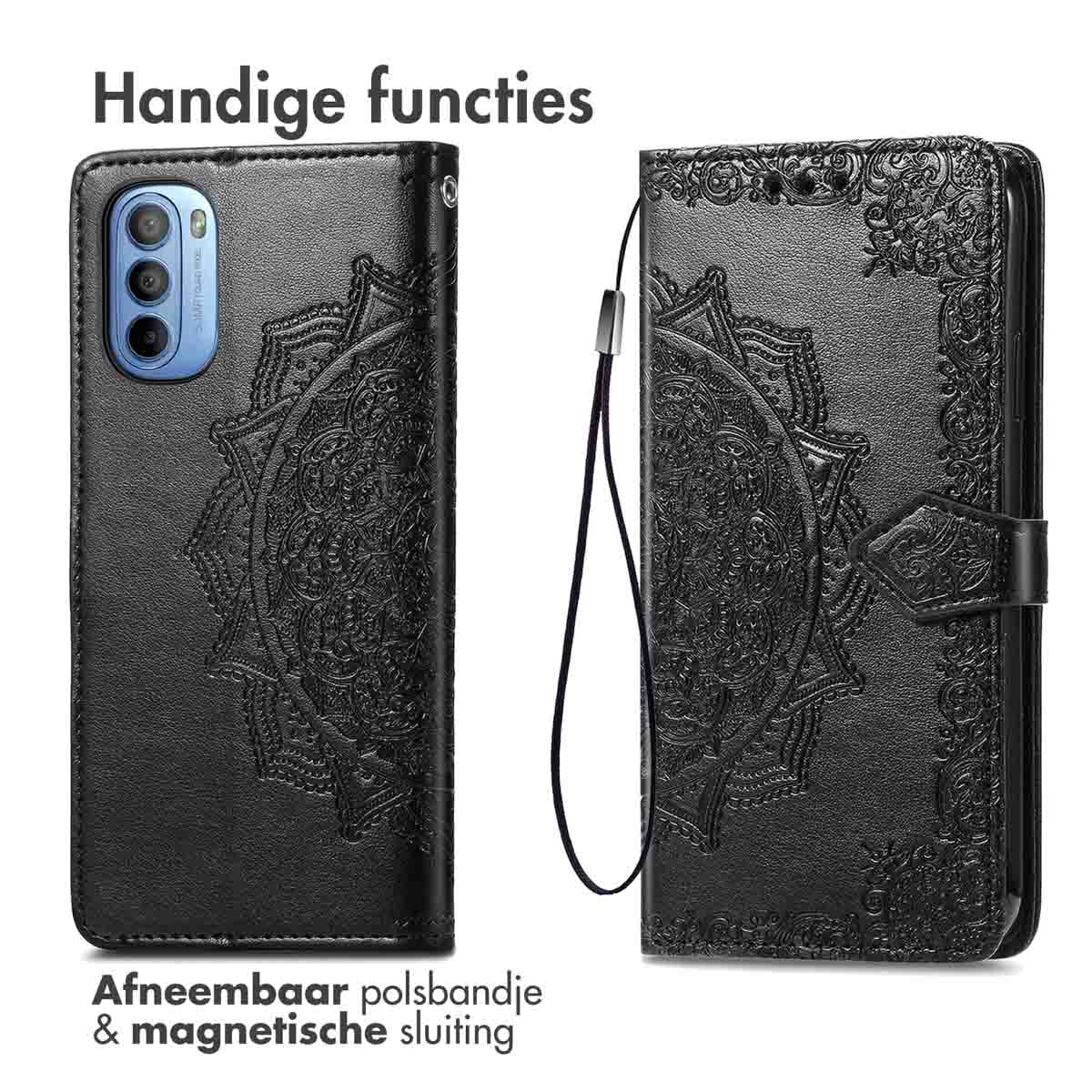 Zwarte telefoonhoes met mandala-ontwerp. Inclusief afneembare polsband en magnetische sluiting.