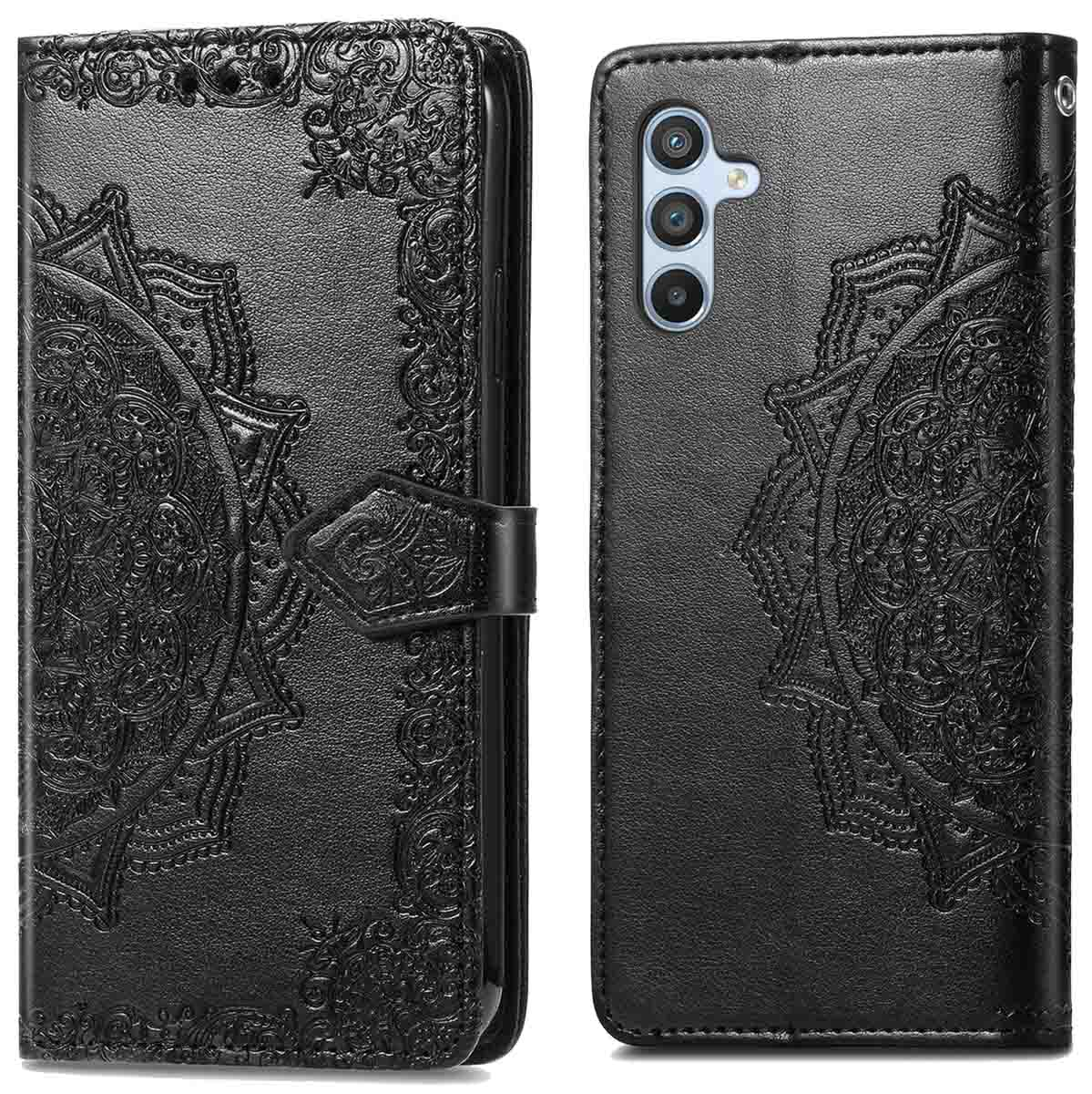 Étui de téléphone noir avec motif mandala, fermeture magnétique et découpe pour téléphone.