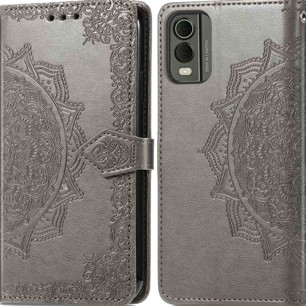 Étui de téléphone gris ouvert avec cartes, argent et un téléphone avec affichage d'horloge.