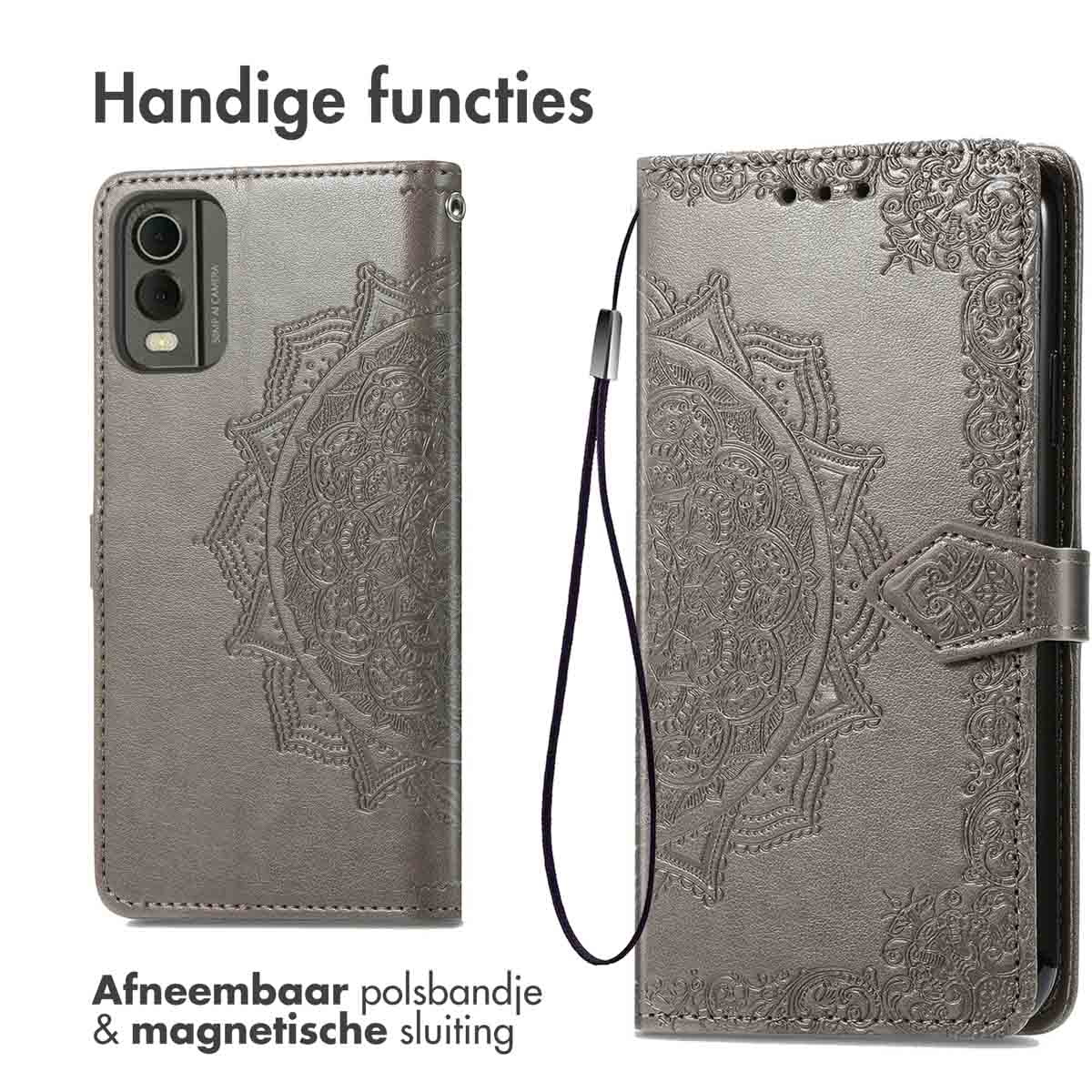 Étui de téléphone gris, avec motif circulaire sur le devant. Dragonne amovible.