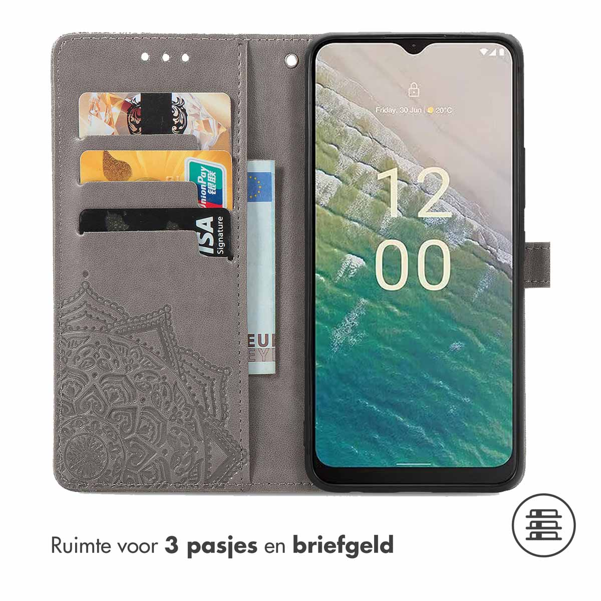 Étui gris ouvert montrant téléphone, 3 cartes et argent. Texte : Ruimte voor 3 pasjes en briefgeld.
