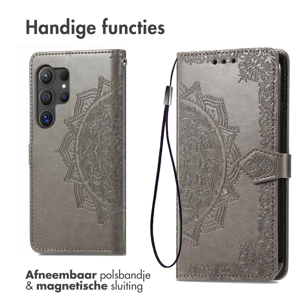 Étui de téléphone gris avec motif décoratif. Dragonne amovible et fermeture magnétique.