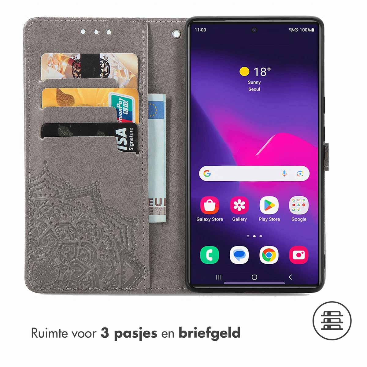 Un téléphone dans un étui gris avec des cartes et de l'argent. Le téléphone affiche l'écran d'accueil. Le texte dit '3 cartes et espèces'.