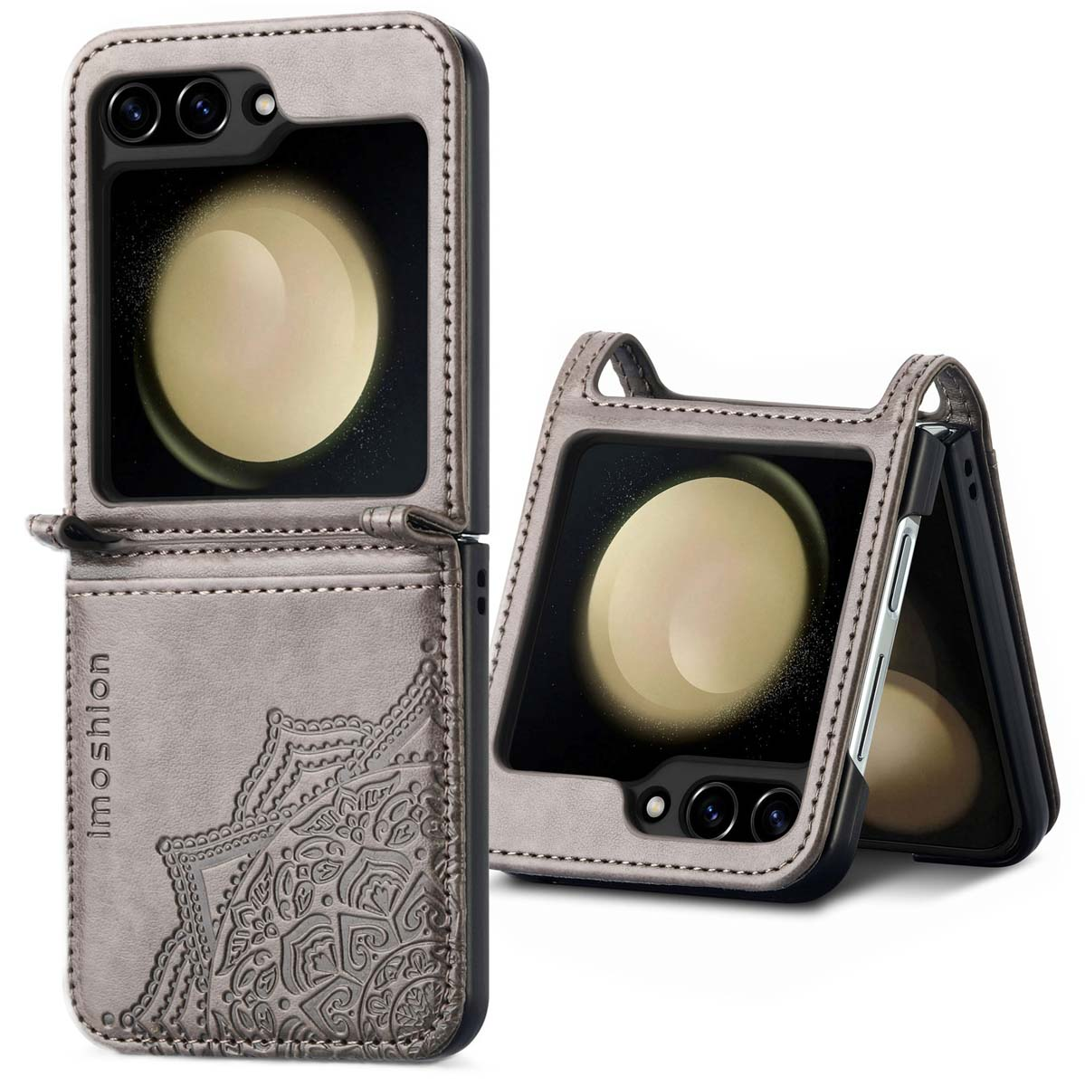 Coque de téléphone grise avec un motif mandala, contenant un téléphone ouvert. L'écran est visible.