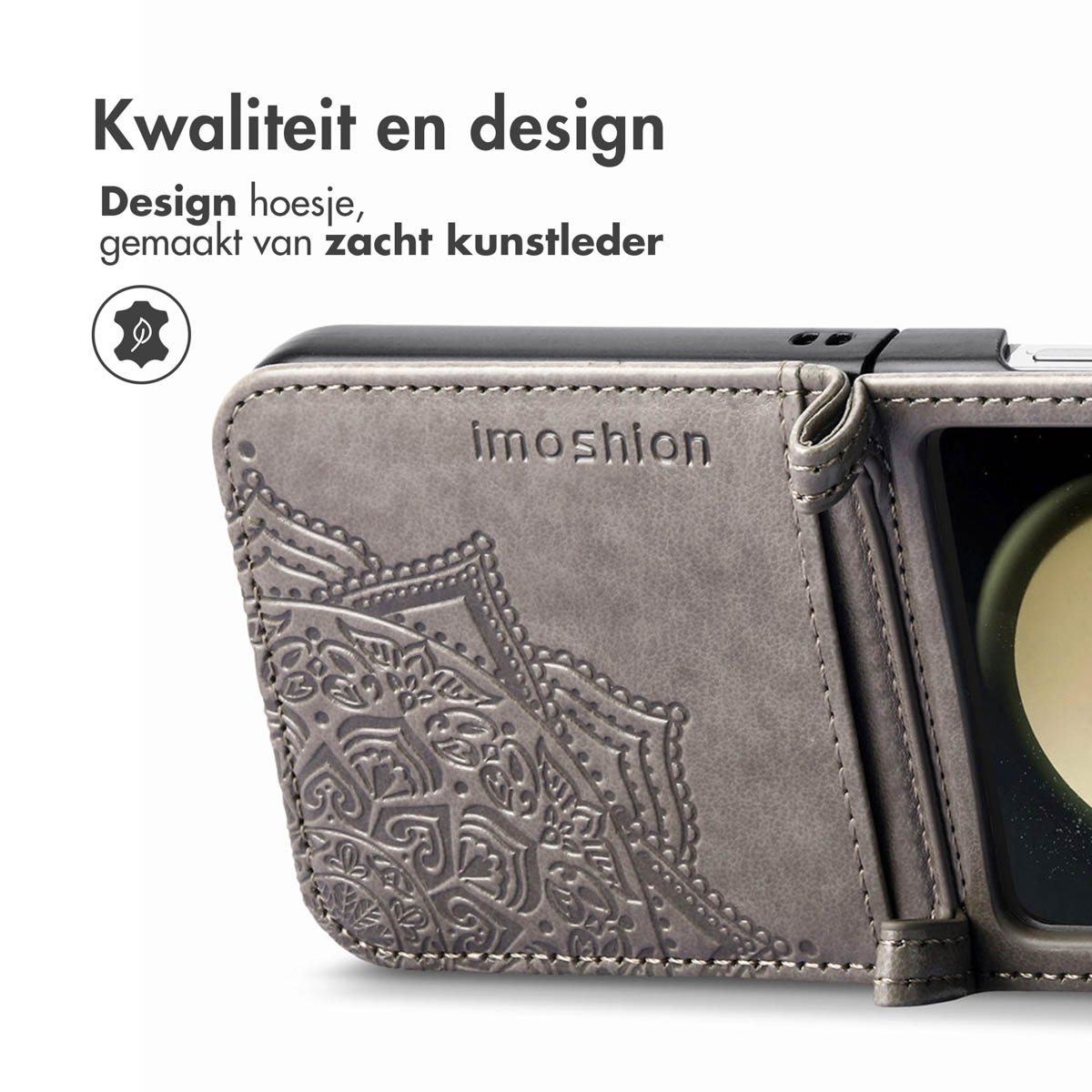 Coque de téléphone grise avec un motif mandala. La coque est en similicuir souple, mettant l'accent sur la qualité et le design.