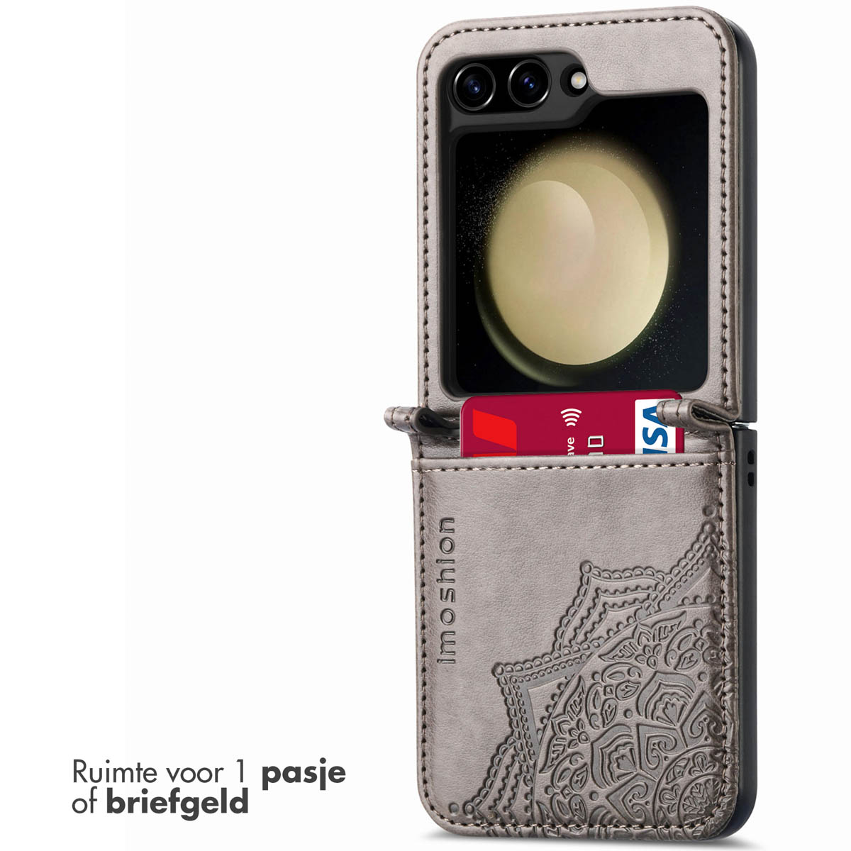 Coque de téléphone avec fonction portefeuille. Une carte de crédit rouge est insérée dans le portefeuille.