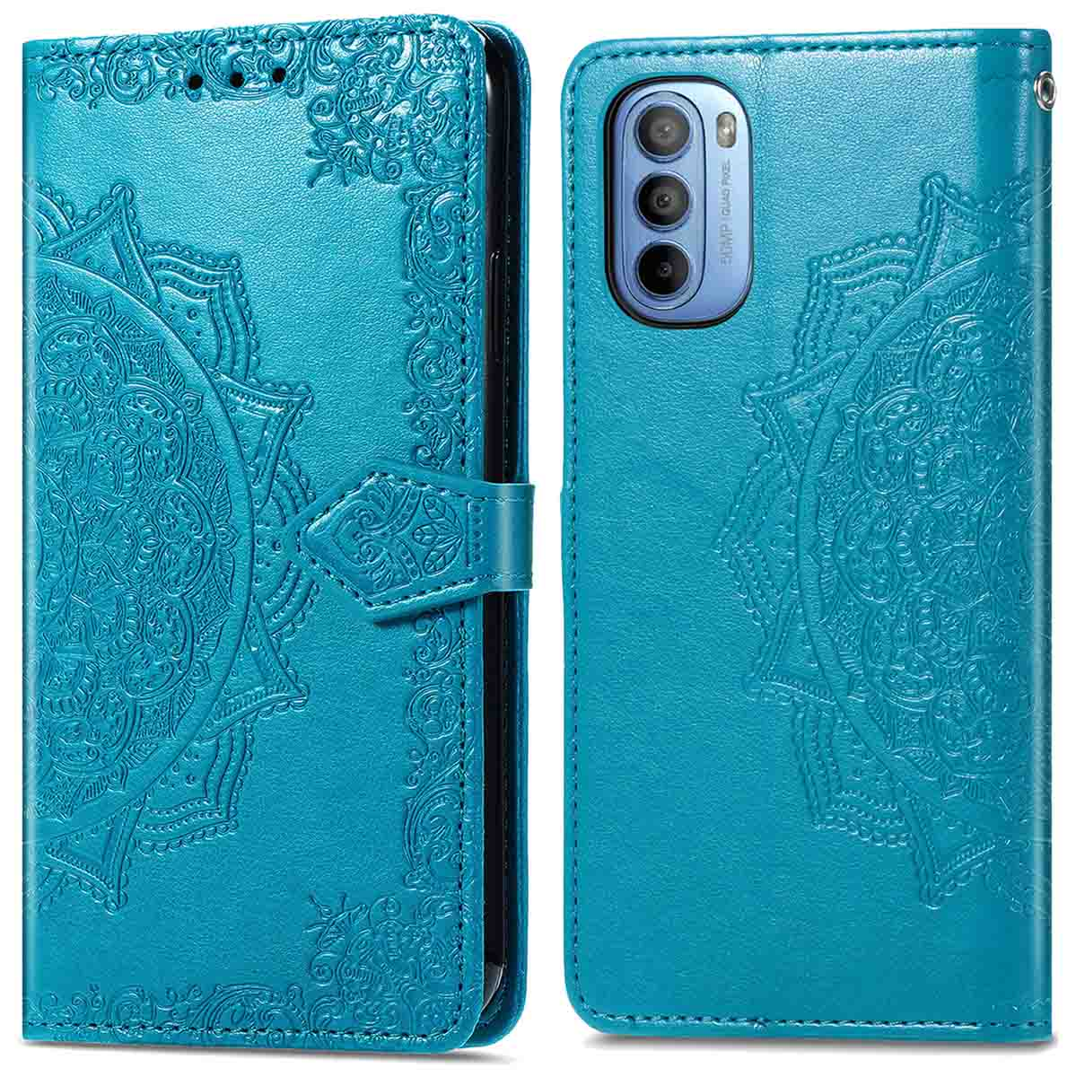 Teal telefoonhoes open, met een mandala-ontwerp.