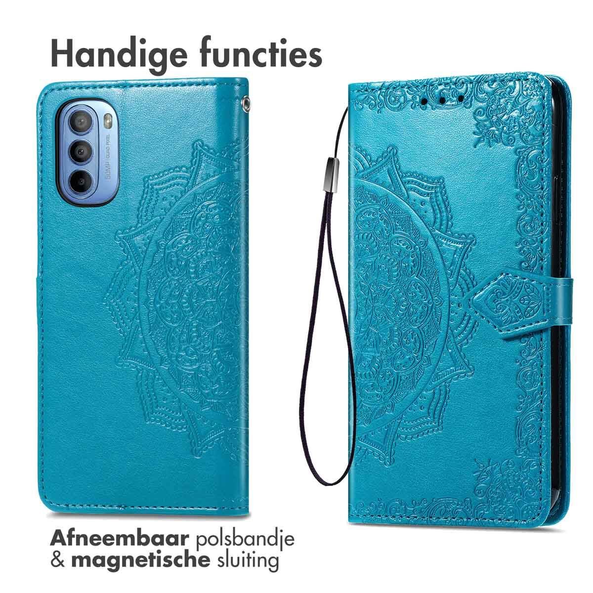 Een blauwe telefoonhoes met een mandala-ontwerp. De hoes is open en dicht, met telefoon en polsband.