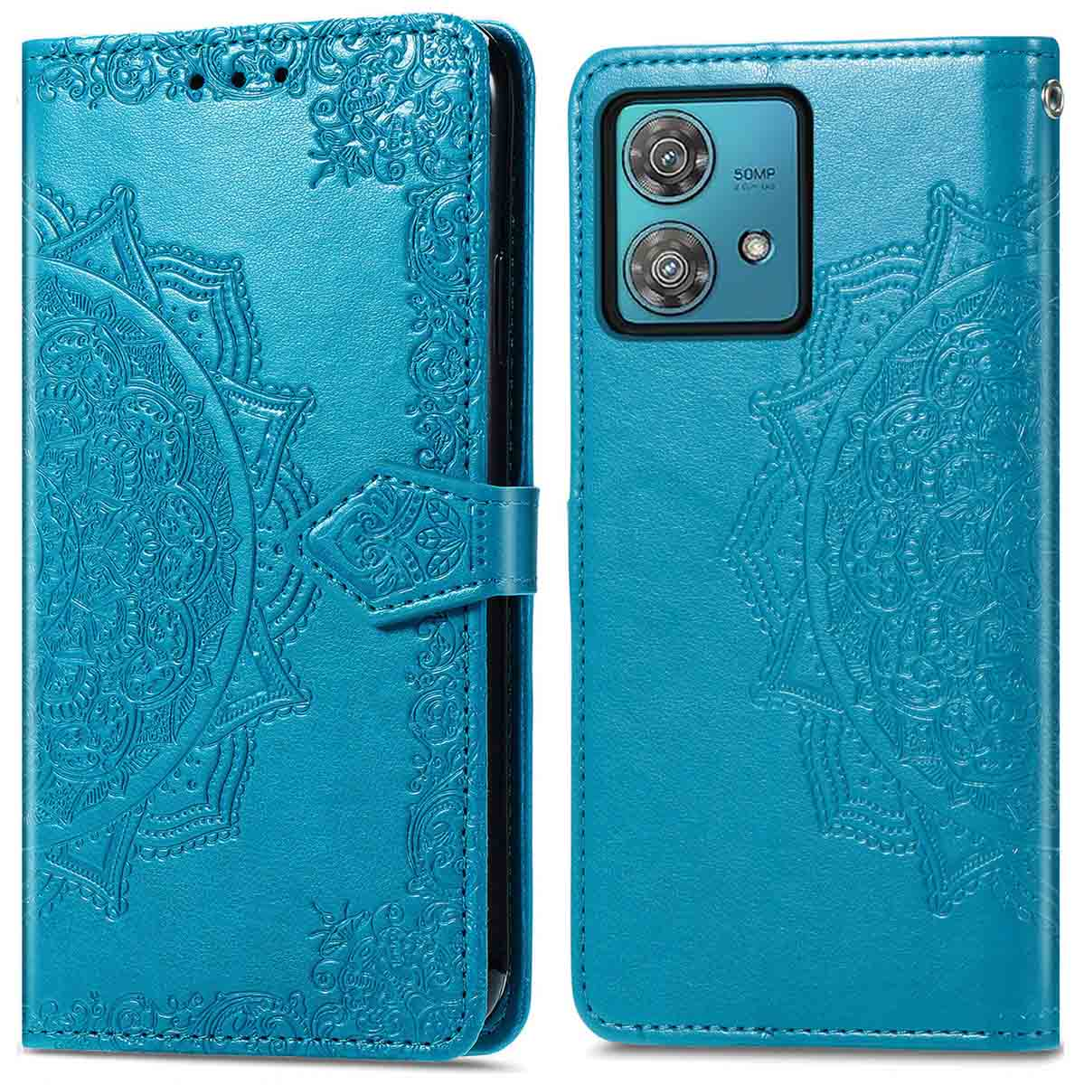 Teal telefoonhoesje met reliëfdesign. Met magnetische sluiting en camera-uitsparing.