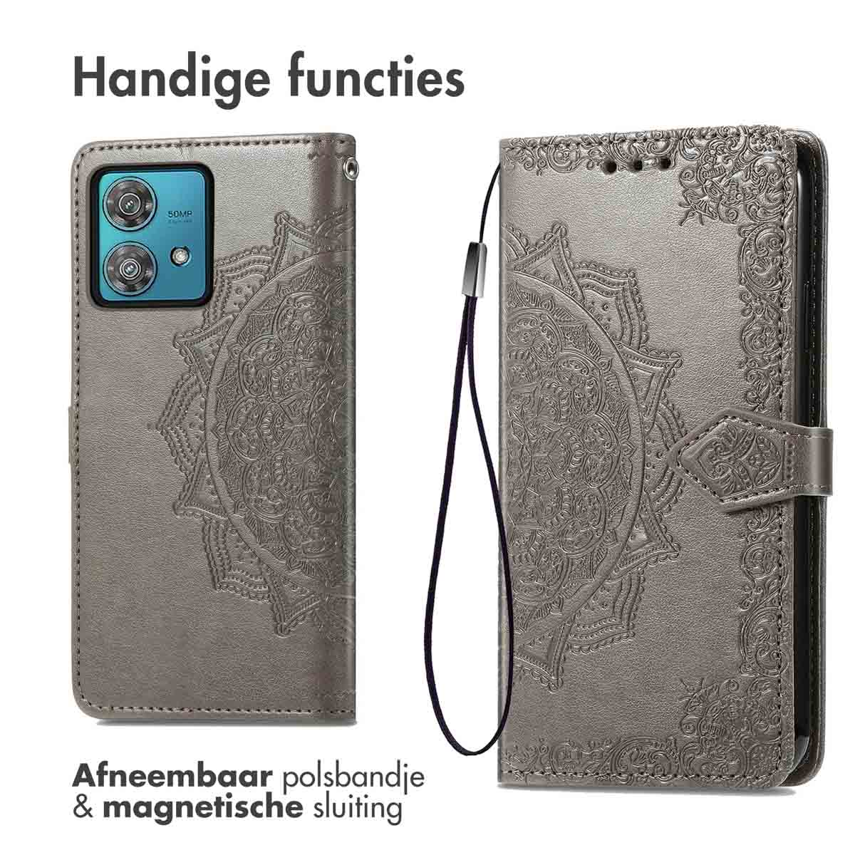 Grijze telefoonhoes, met een cirkelvormig ontwerp aan de voorkant. Afneembare polsband.