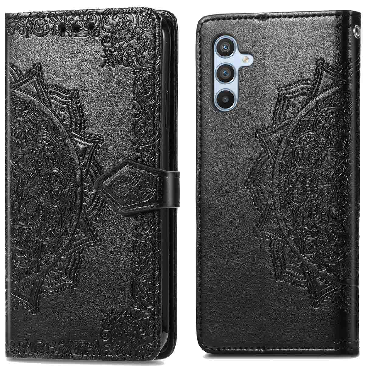 Schwarzes Handycase mit geprägtem Design. Mit Magnetverschluss und Kameraausschnitt.