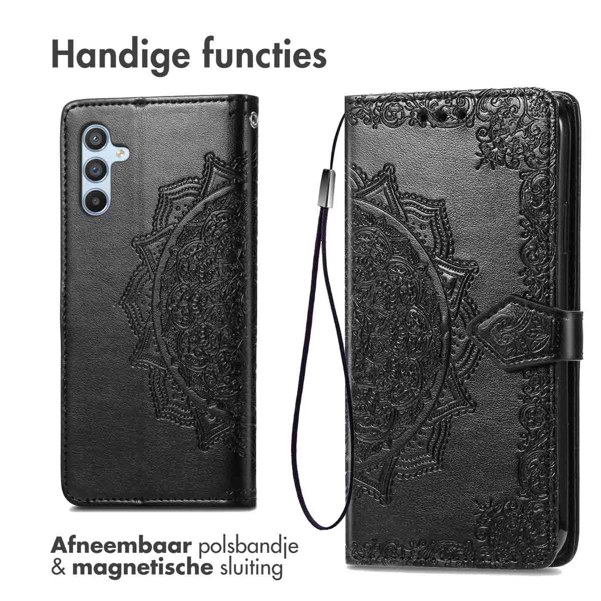 Schwarze Handyhülle mit Mandala-Design, offen.