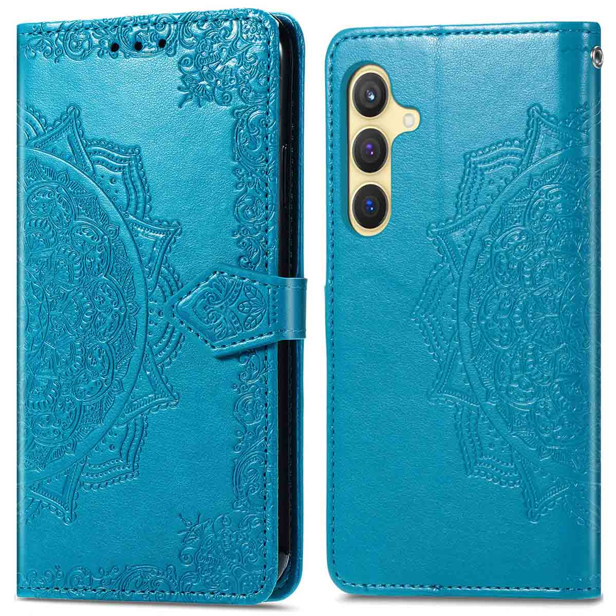 Open turquoise telefoonhoes met reliëf ontwerp. Voorzien van een mandala.