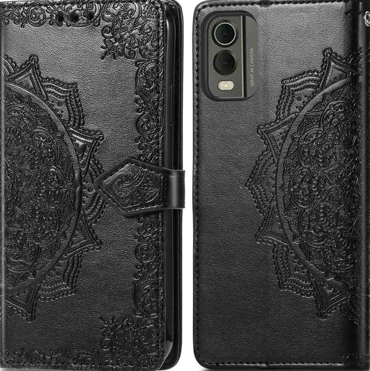 Zwarte telefoonhoes met mandala-ontwerp. Open hoes links, telefoon rechts. Gespsluiting.