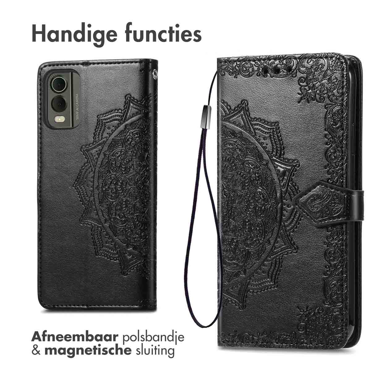 Zwarte telefoonhoes met mandala-ontwerp. Afneembare polsband en magnetische sluiting.