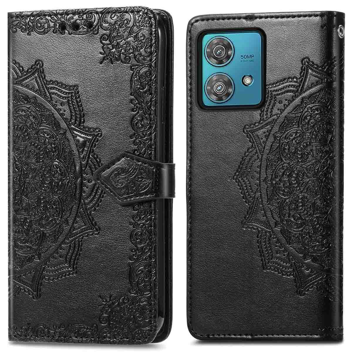 Zwarte telefoonhoes met mandala-ontwerp, telefoon rechts, open hoes links.