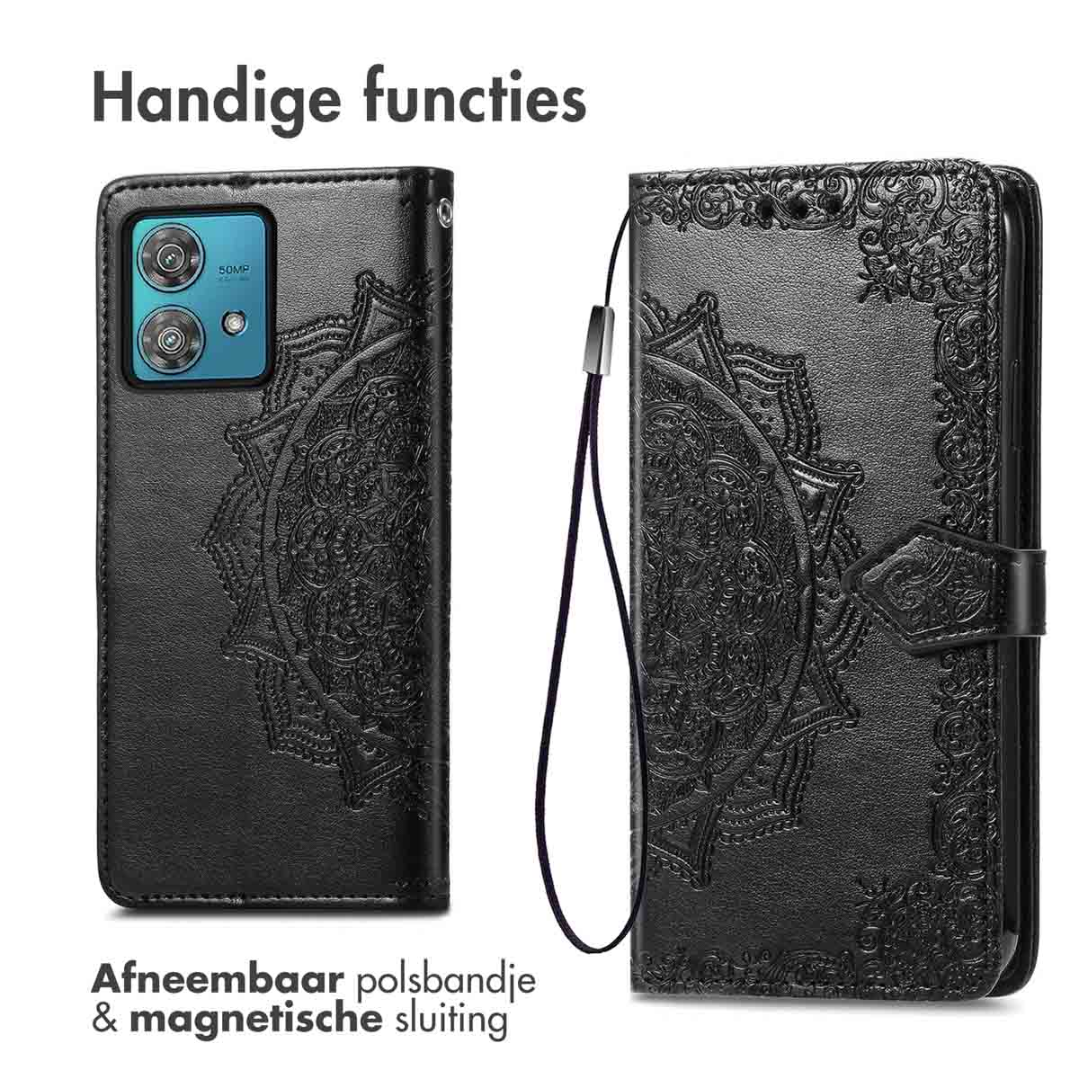 Zwarte telefoonhoes met mandala-ontwerp. Voorzien van een afneembare polsband en magnetische sluiting. Handige functies worden benadrukt.