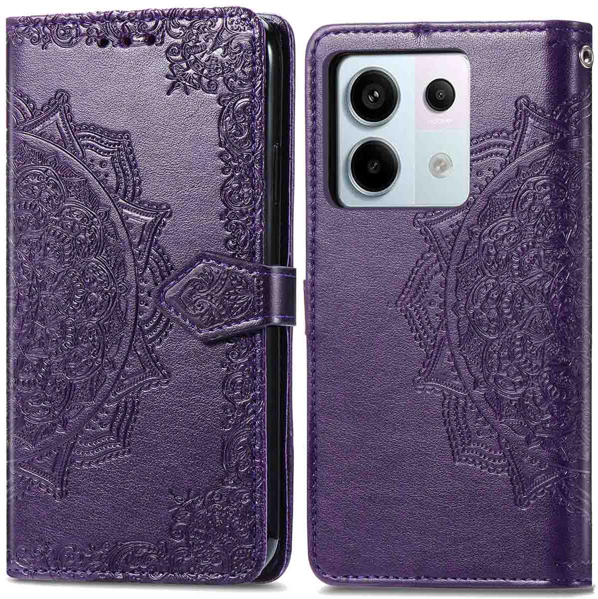 Coque de téléphone violette avec un motif mandala. L'étui possède des fentes pour cartes et une fermeture magnétique. Téléphone visible.