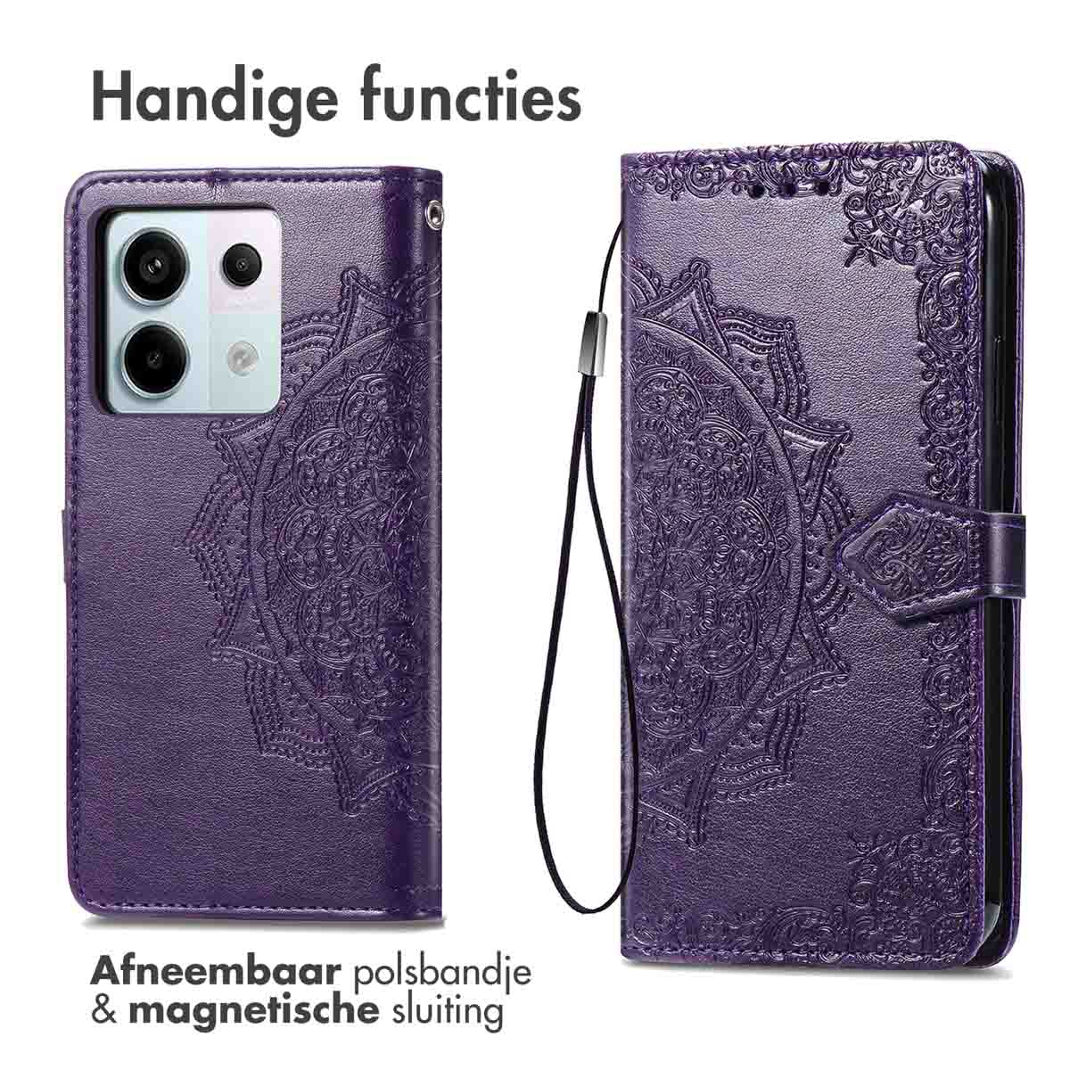 Étui de téléphone violet ouvert avec motif en relief, présente une dragonne et une fermeture magnétique.