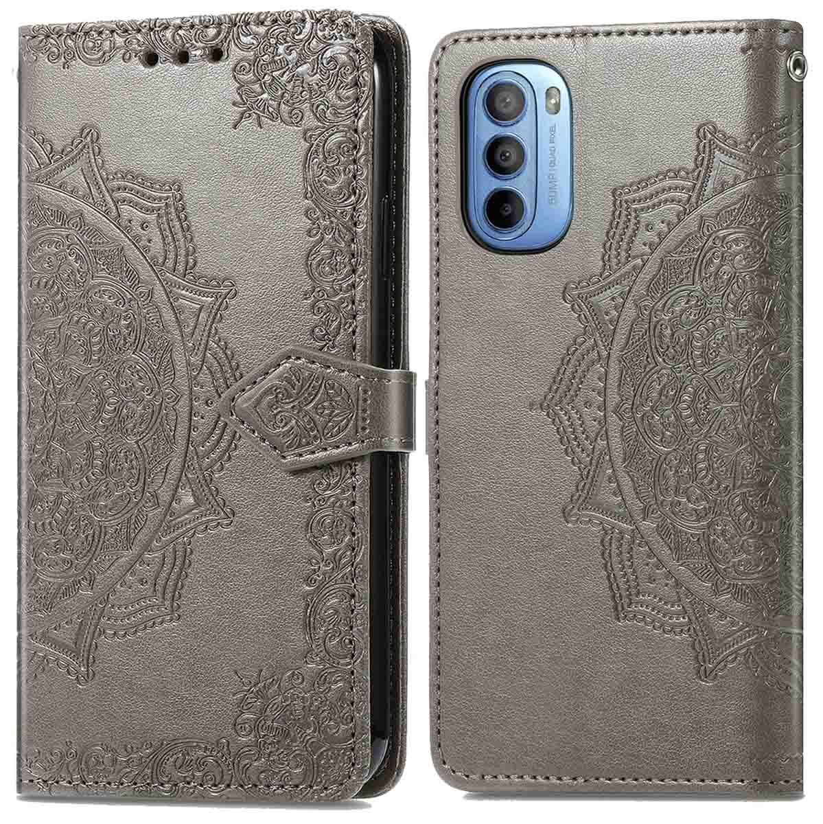 Coque de téléphone argentée avec motif mandala. La coque est ouverte et fermée.