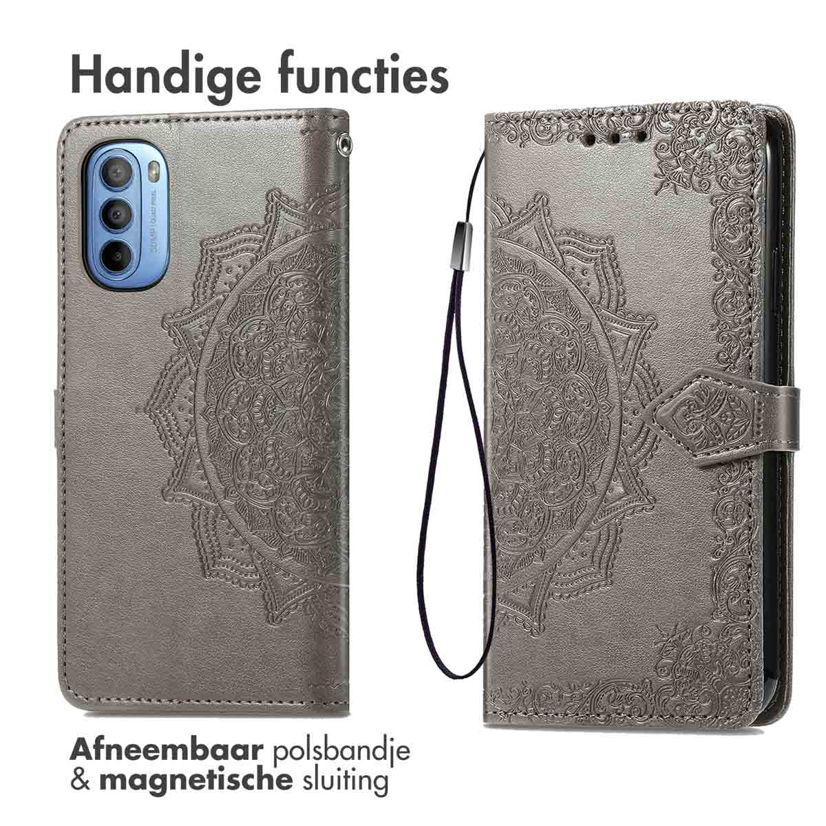 Étui de téléphone gris avec motif mandala. Étui ouvert à gauche, téléphone à droite. Fermeture à boucle.