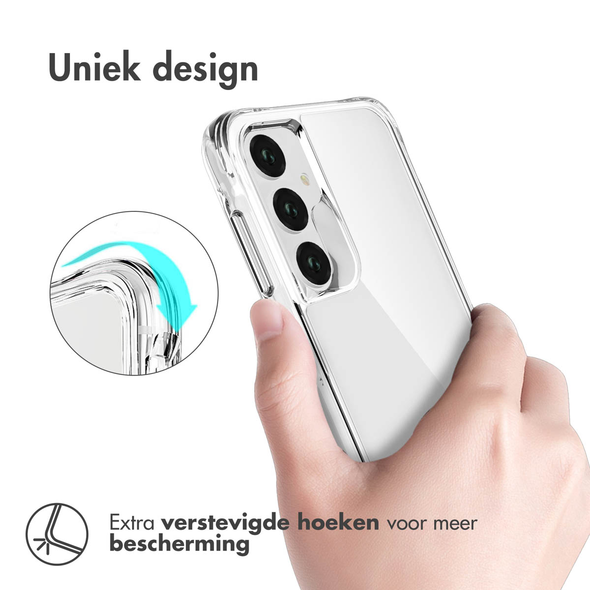 Transparante telefoonhoes in de hand. Toont extra versterkte hoeken voor meer bescherming.