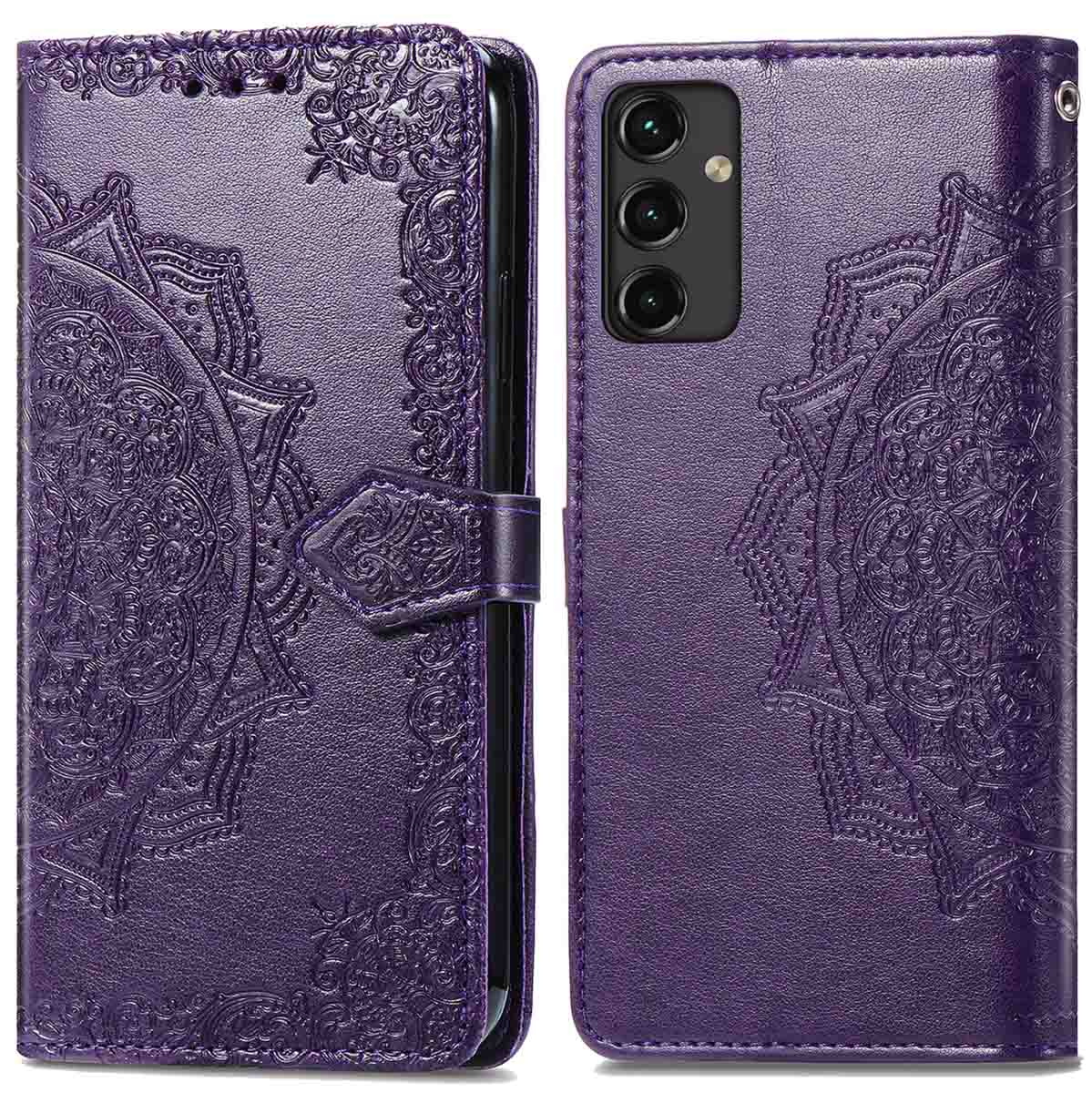 Paarse telefoonhoes met mandala-ontwerp, telefoon rechts, open hoes links.