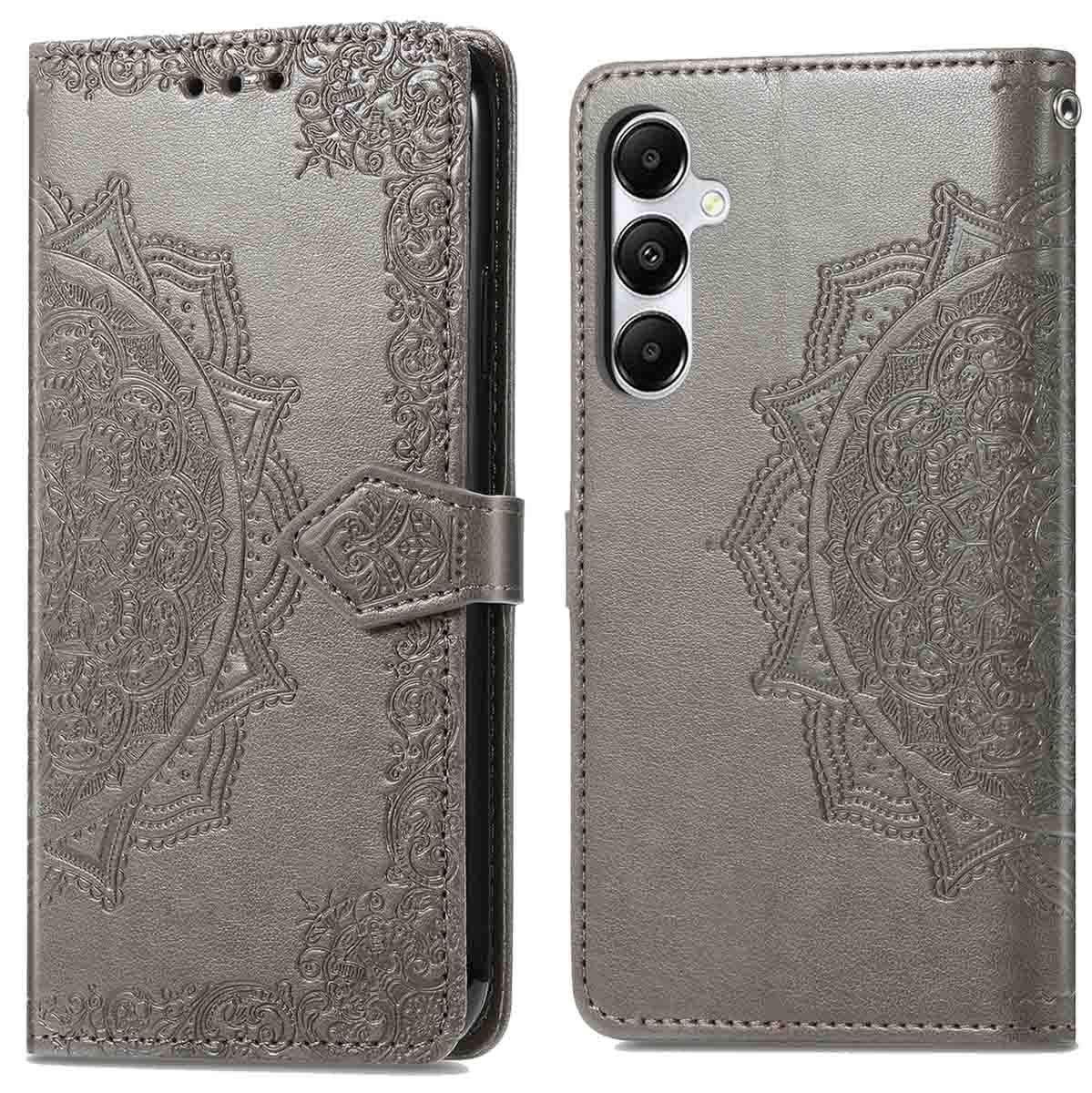 Étui de téléphone gris avec motif mandala, ouvert pour montrer le téléphone. Cuir avec bouton.