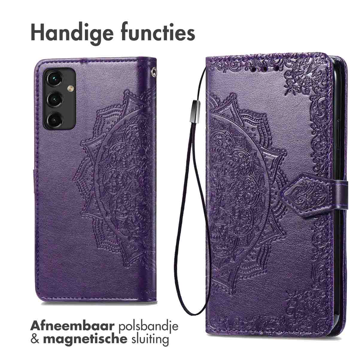 Paarse telefoonhoes met mandala-ontwerp, afneembare polsband en magnetische sluiting.