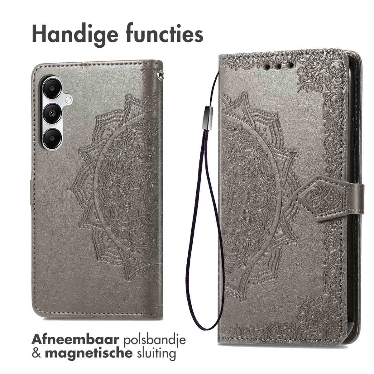 Coque grise avec motif mandala, dragonne amovible et fermeture magnétique. Ouverte et fermée.
