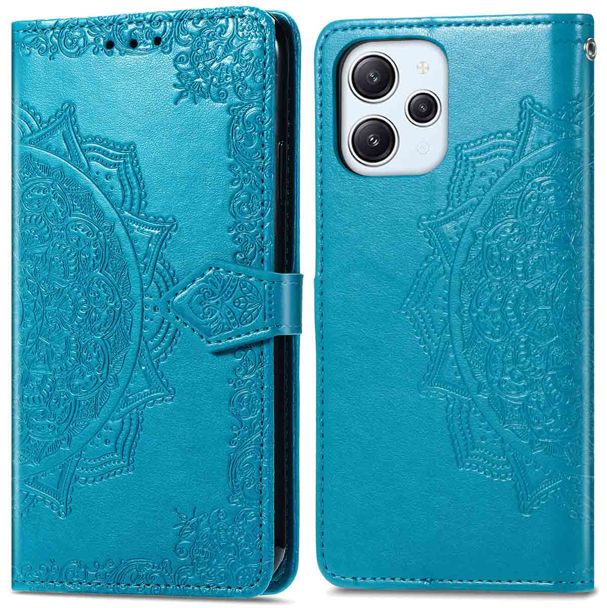Étui de téléphone bleu turquoise avec motif mandala, ouvert. La caméra et l'écran du téléphone sont visibles.