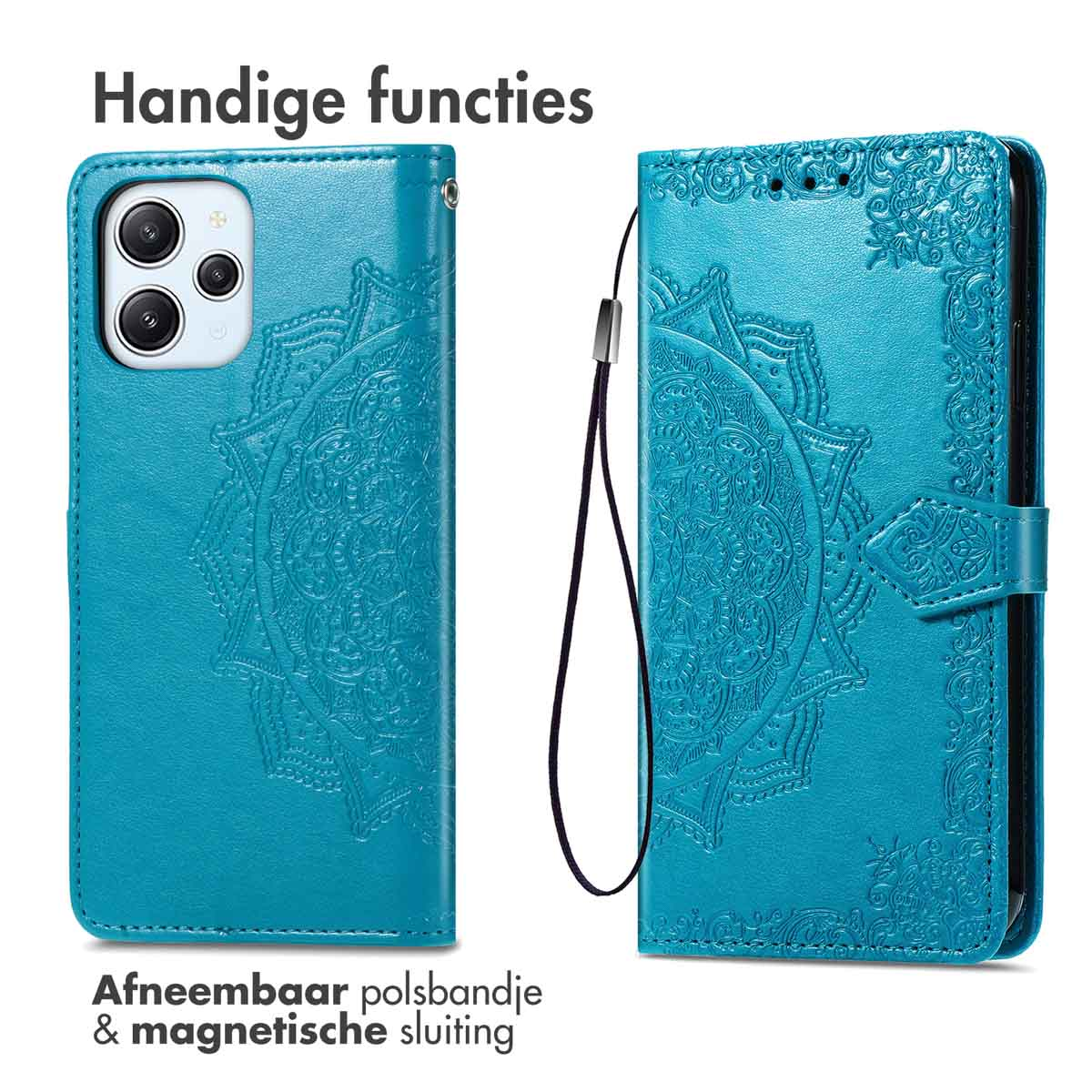 Étui turquoise avec dragonne amovible. Motif mandala et fermeture magnétique.
