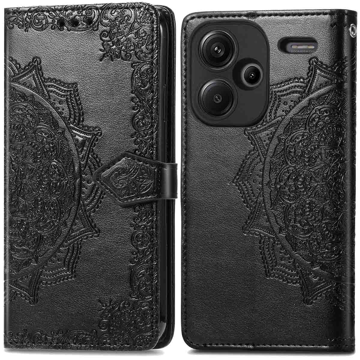 Custodia per telefono nera con design in rilievo. Con chiusura magnetica e ritaglio fotocamera.
