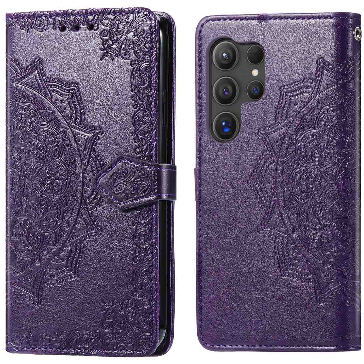Étui de téléphone violet avec motif mandala, ouvert.