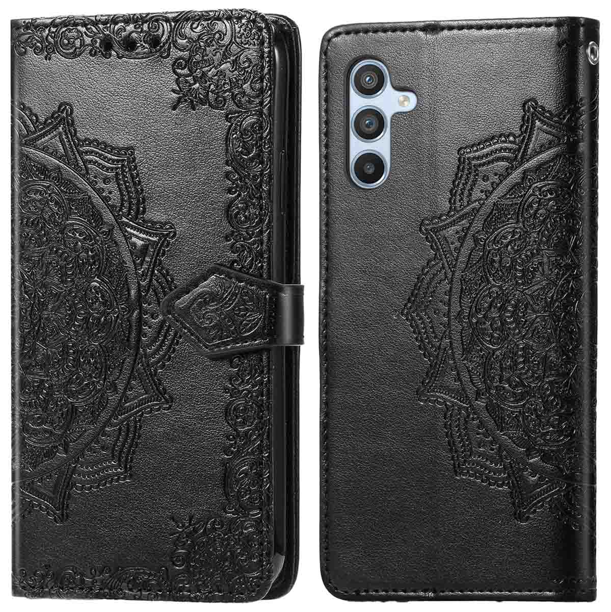 Coque de téléphone noire avec motif mandala, ouverte pour montrer le téléphone. L'étui a une fermeture magnétique.