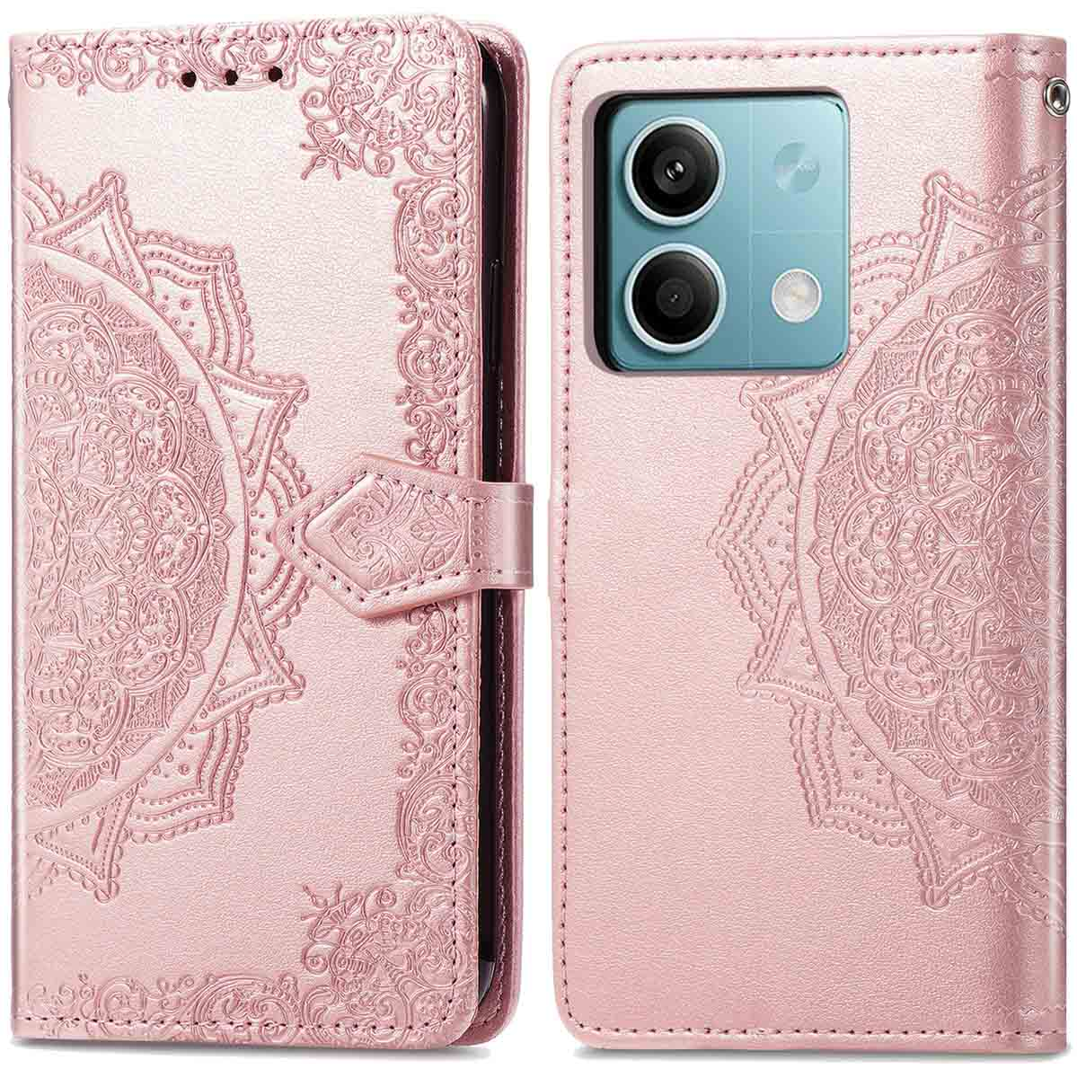 Een roze telefoonhoes met een mandala-ontwerp. De telefoonhoes is open en dicht.